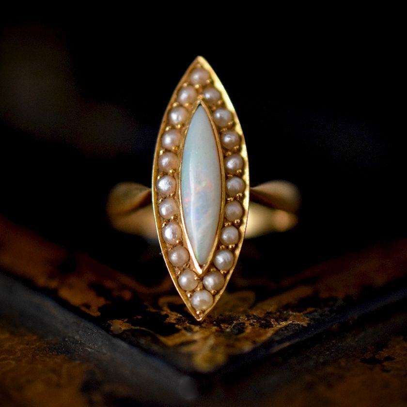 Antique 18ct Yellow Gold Opal And Seed Pearl Ring by George Dresden Circa 1915
