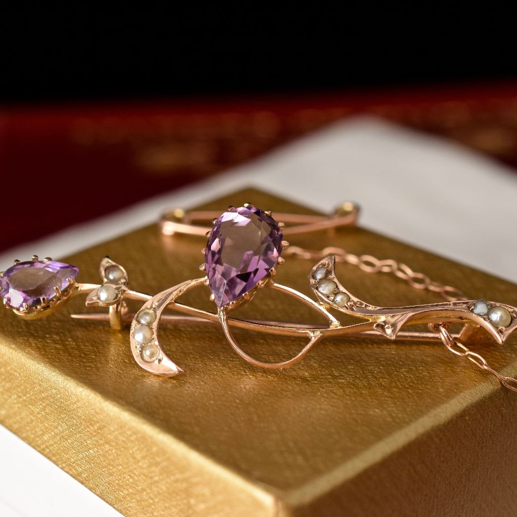 Antique Edwardian/Art Nouveau 9ct Yellow Gold Amethyst Seed Pearl Brooch