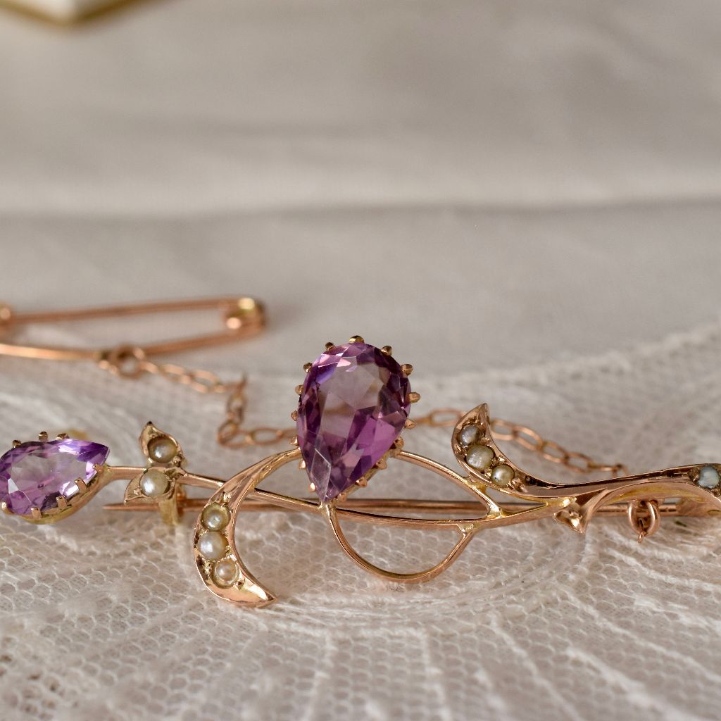 Antique Edwardian/Art Nouveau 9ct Yellow Gold Amethyst Seed Pearl Brooch