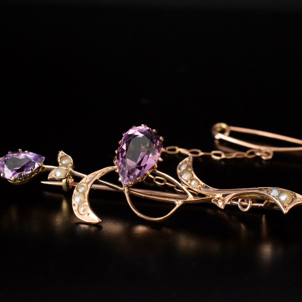 Antique Edwardian/Art Nouveau 9ct Yellow Gold Amethyst Seed Pearl Brooch