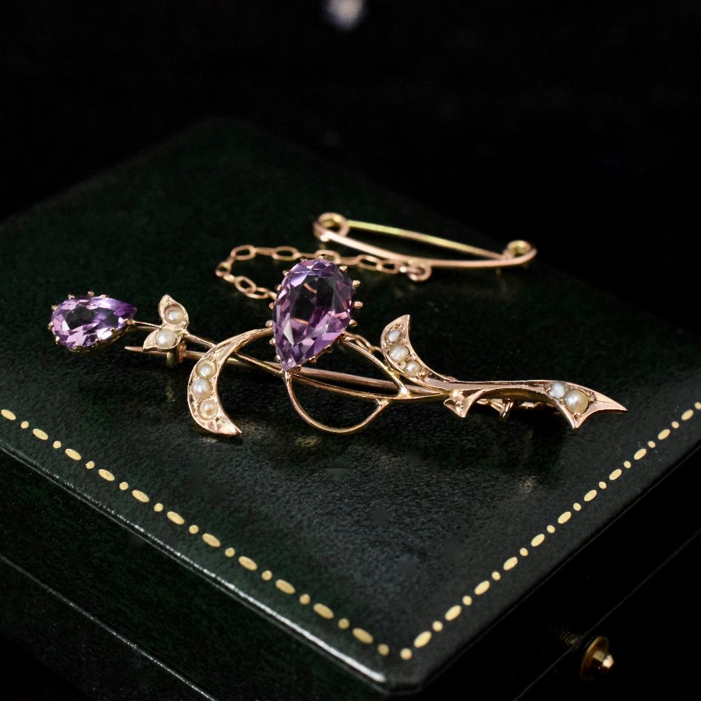 Antique Edwardian/Art Nouveau 9ct Yellow Gold Amethyst Seed Pearl Brooch