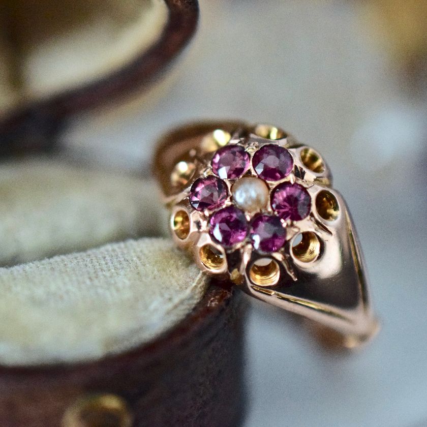Antique Edwardian Garnet Seed Pearl 9ct Ring Hallmarked For Chester 1905