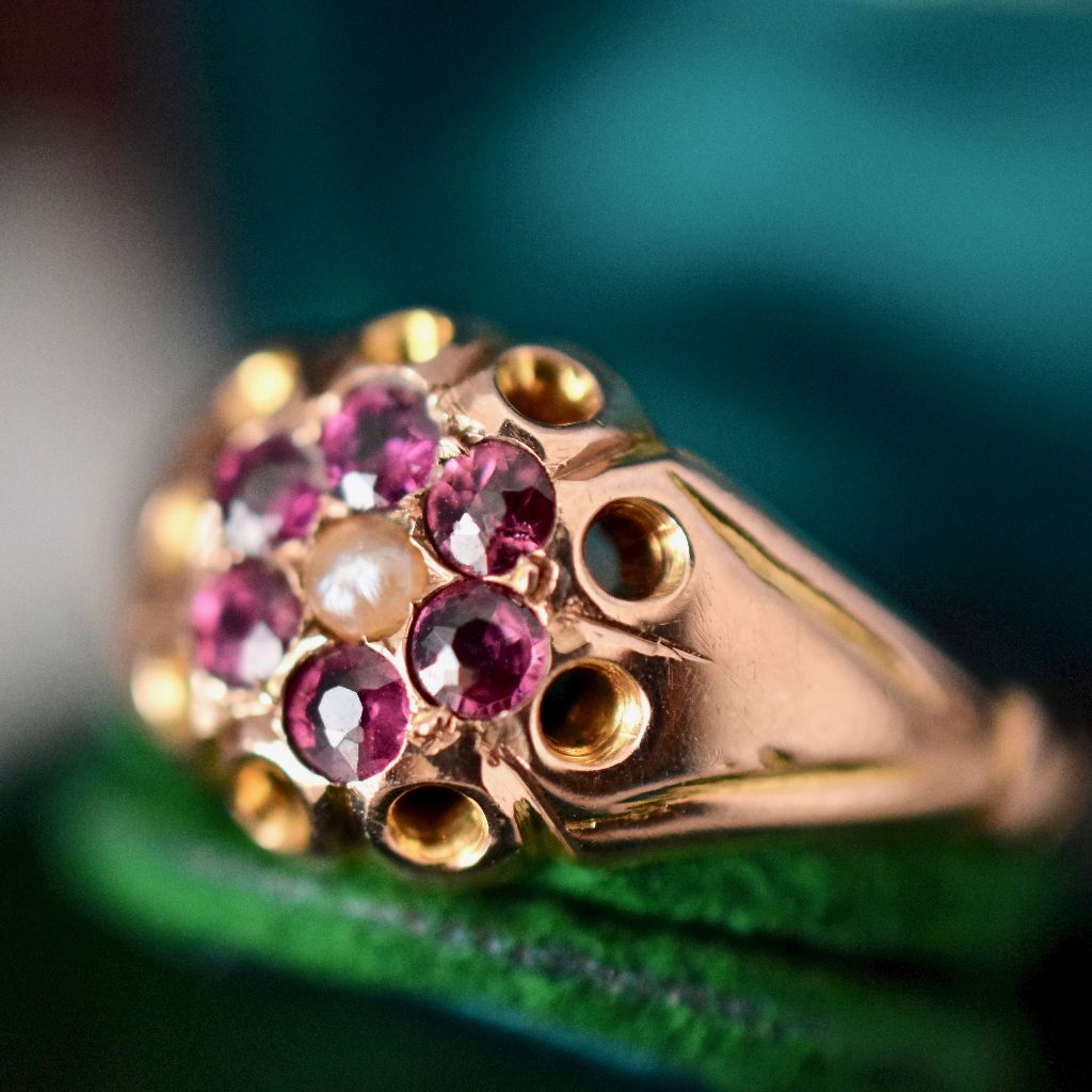 Antique Edwardian Garnet Seed Pearl 9ct Ring Hallmarked For Chester 1905