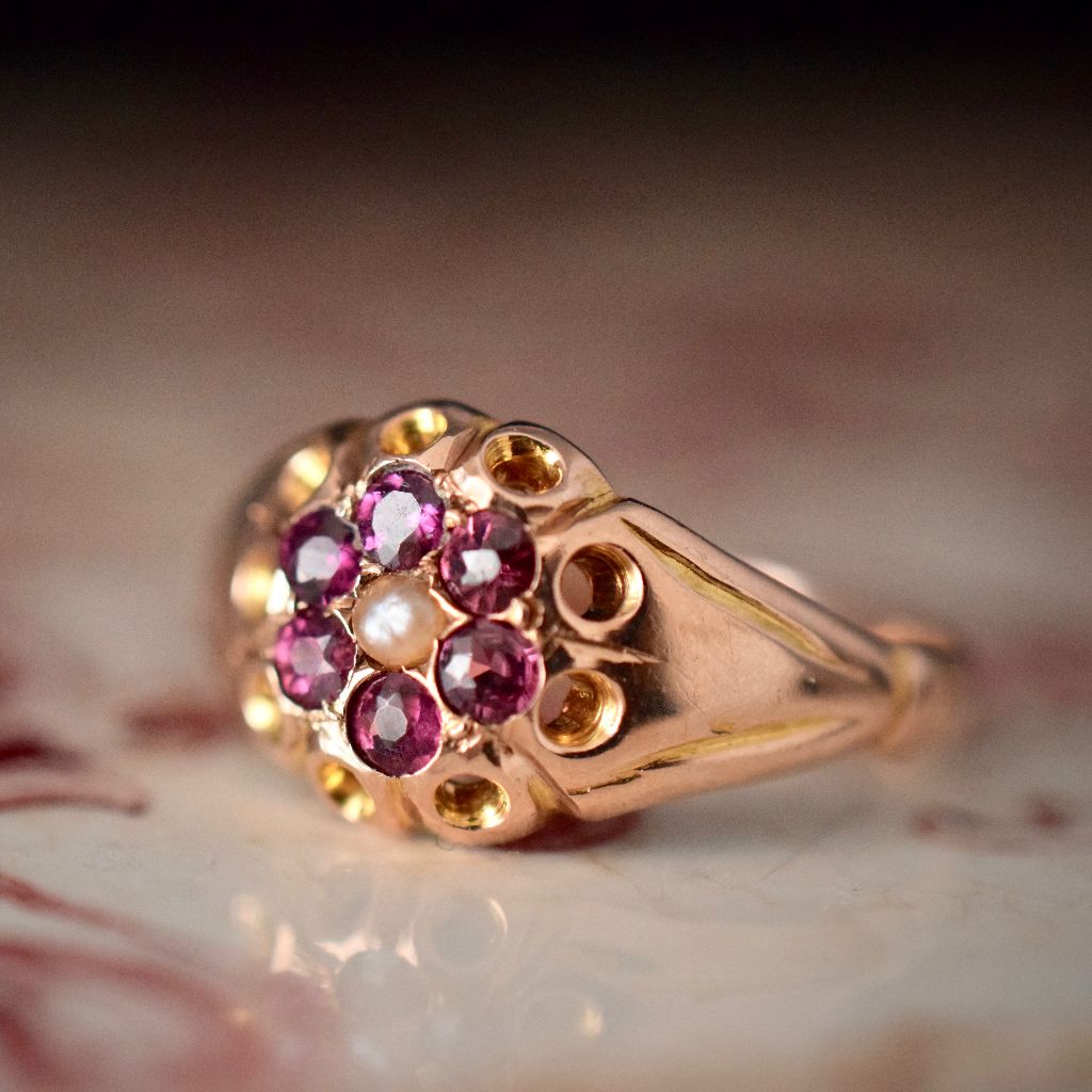 Antique Edwardian Garnet Seed Pearl 9ct Ring Hallmarked For Chester 1905