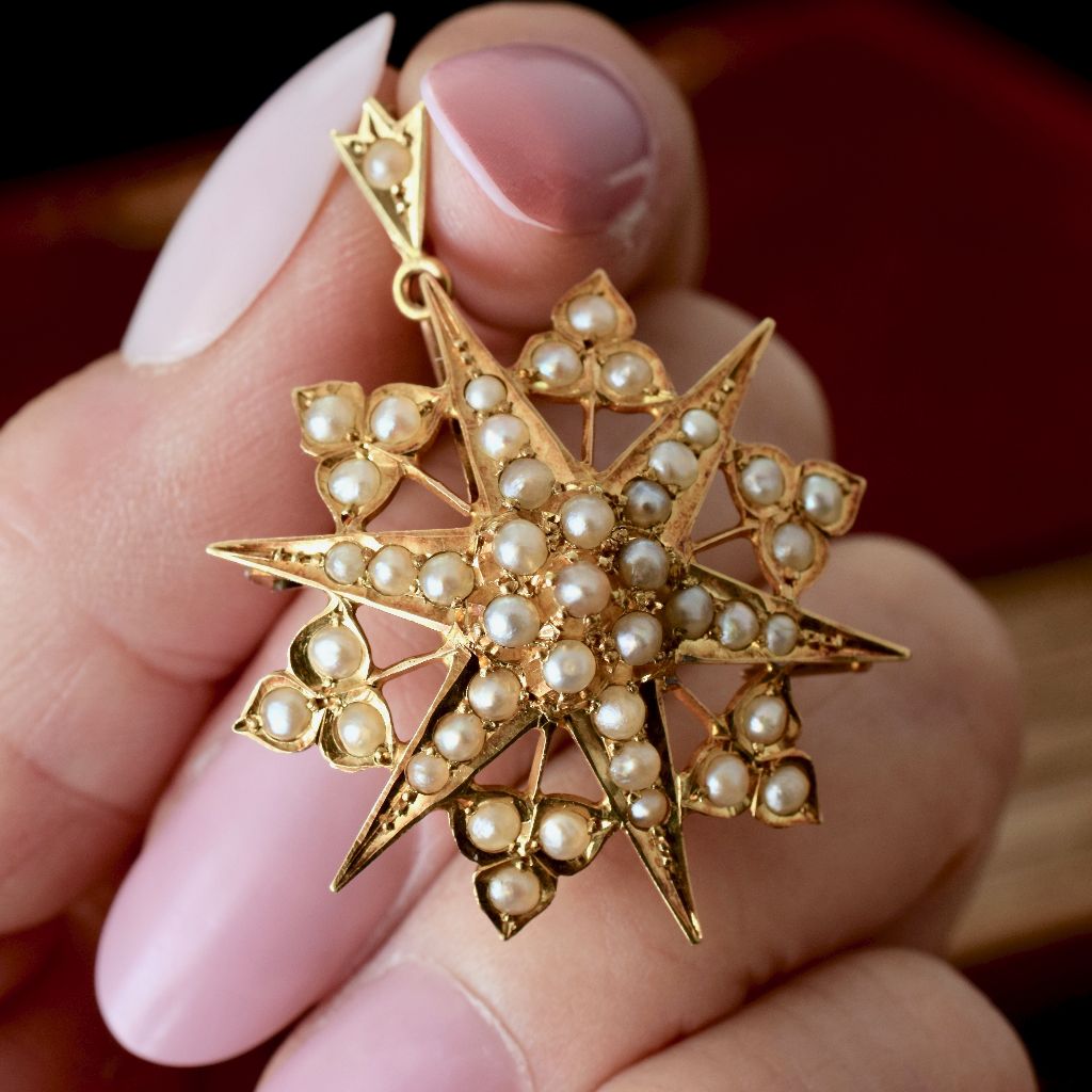 Antique Australian 15ct Yellow Gold Seed Pearl Pendant/Brooch by Willis and Sons circa 1890