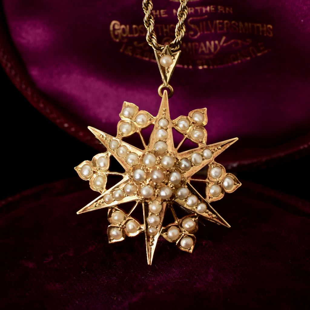 Antique Australian 15ct Yellow Gold Seed Pearl Pendant/Brooch by Willis and Sons circa 1890