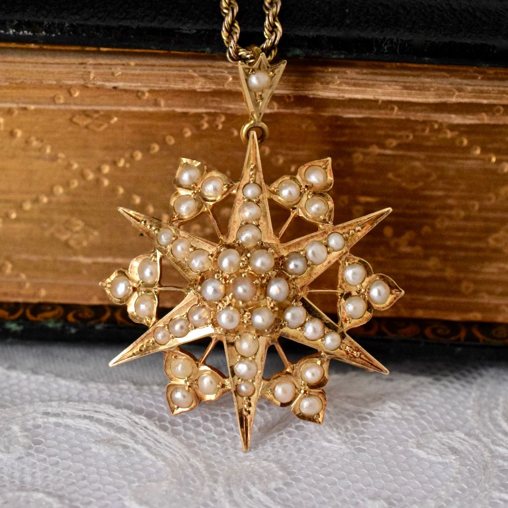 Antique Australian 15ct Yellow Gold Seed Pearl Pendant/Brooch by Willis and Sons circa 1890