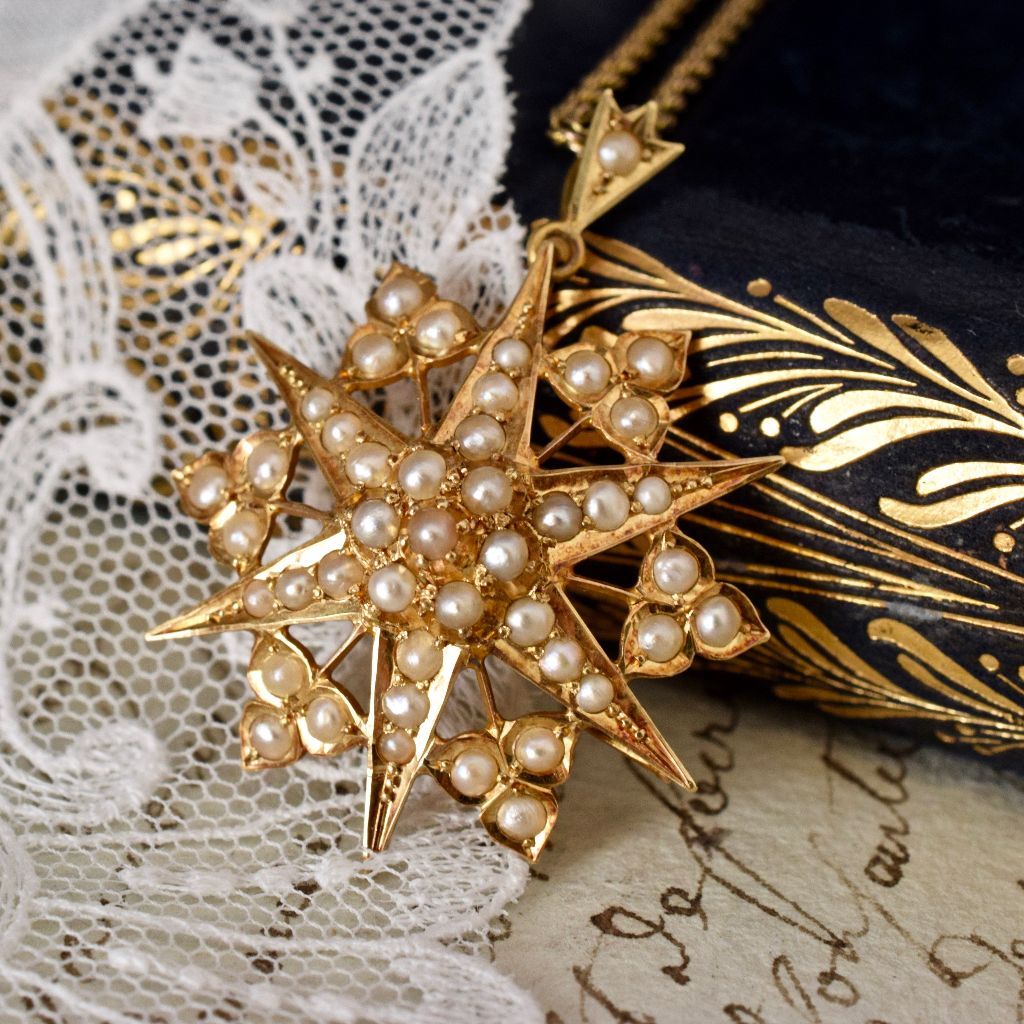 Antique Australian 15ct Yellow Gold Seed Pearl Pendant/Brooch by Willis and Sons circa 1890