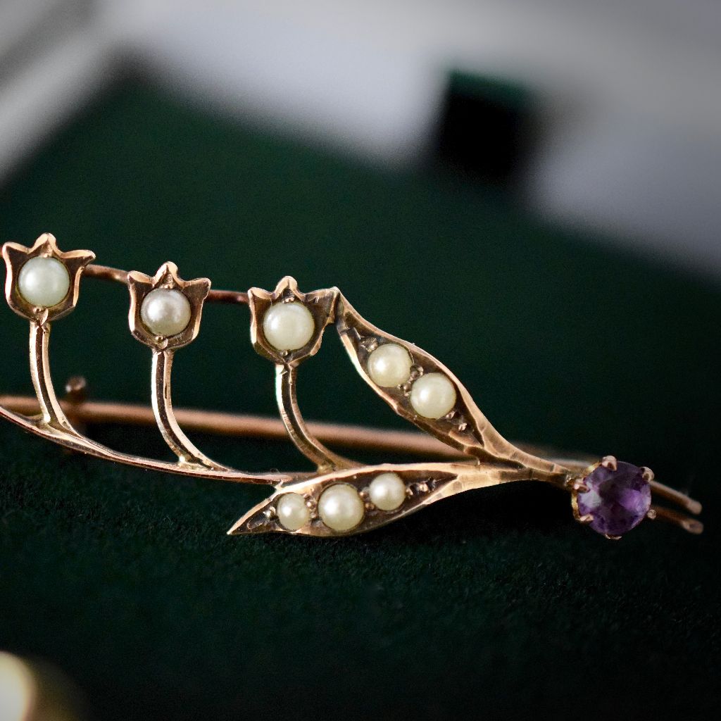 Antique Art Nouveau 9ct Amethyst Seed Pearl Brooch by Aronson & Co. Circa 1905