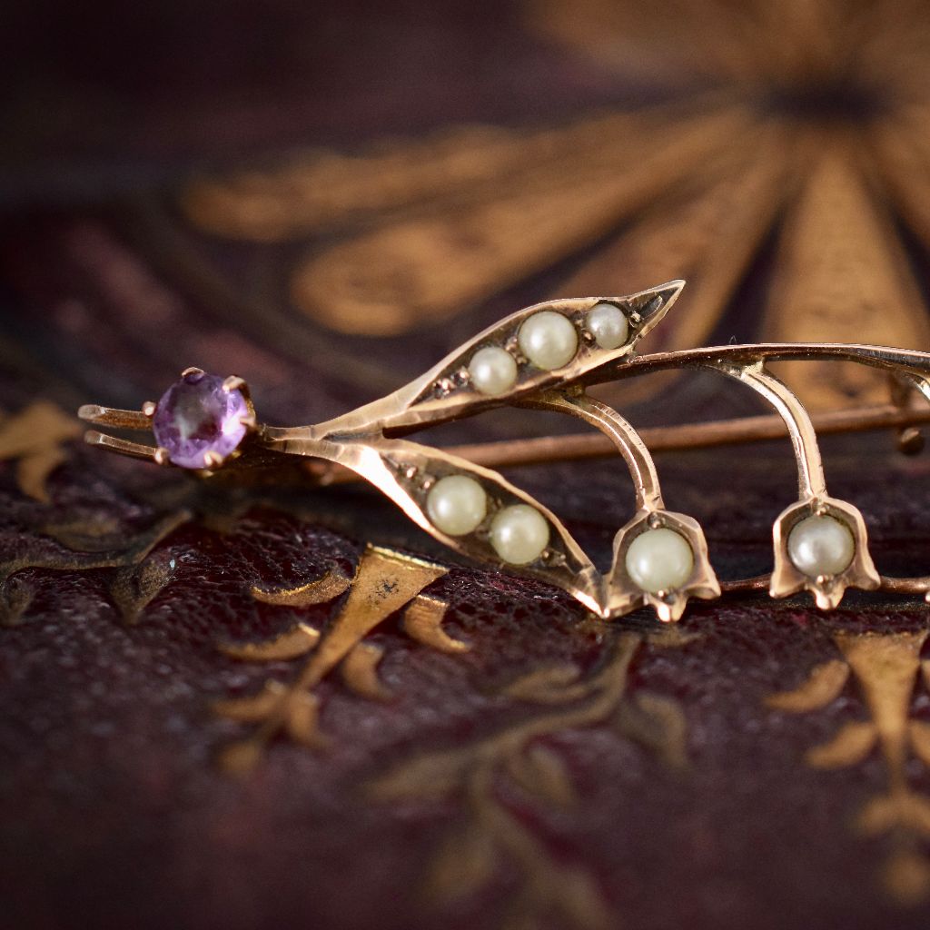 Antique Art Nouveau 9ct Amethyst Seed Pearl Brooch by Aronson & Co. Circa 1905