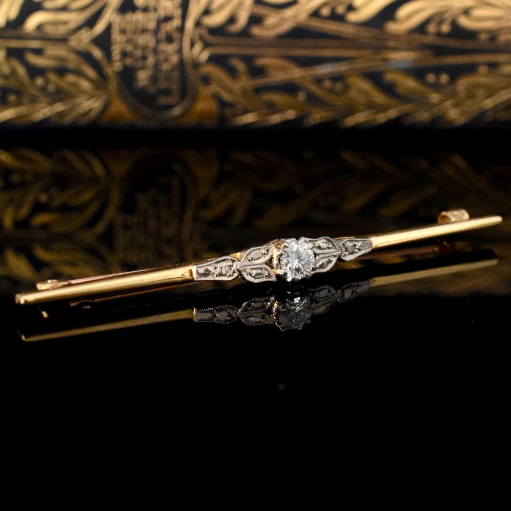 Antique Art Deco 18ct Yellow Gold 0.25ct Diamond Bar Brooch