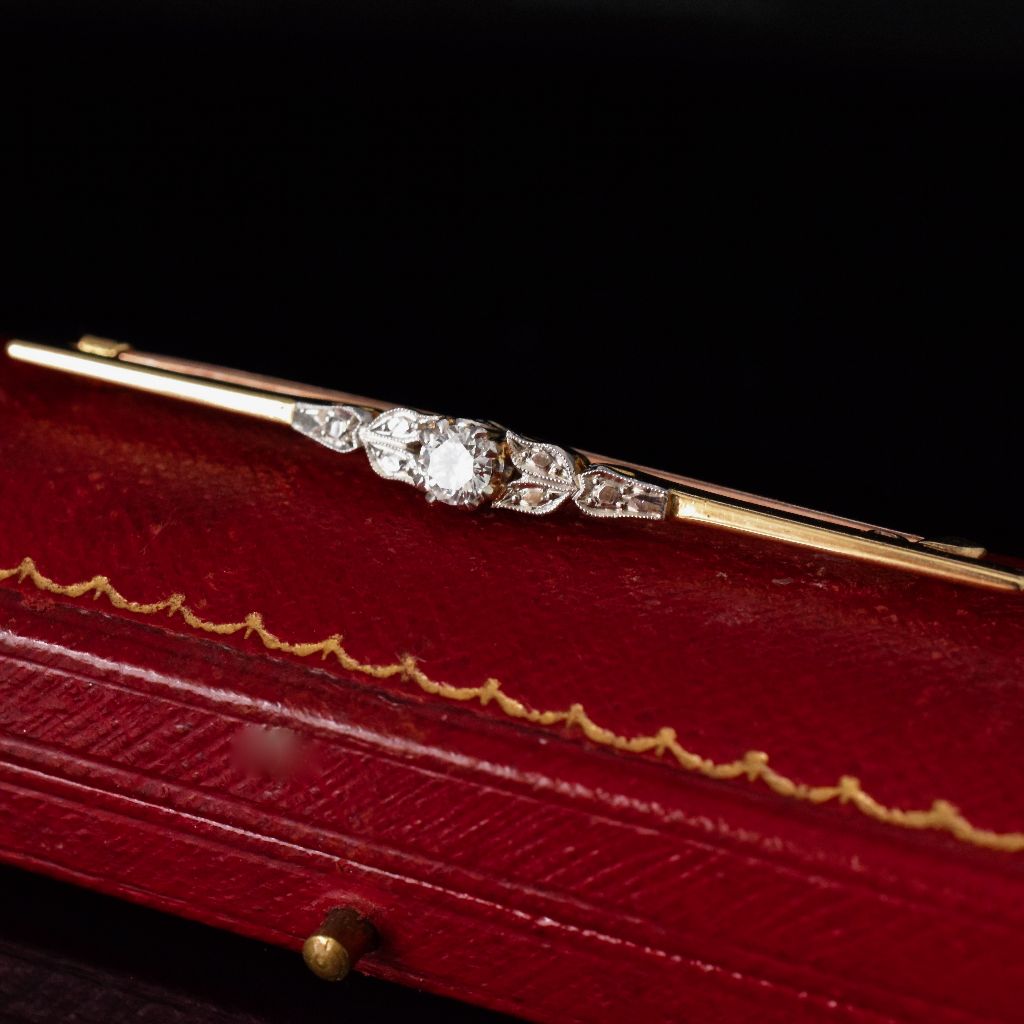 Antique Art Deco 18ct Yellow Gold 0.25ct Diamond Bar Brooch