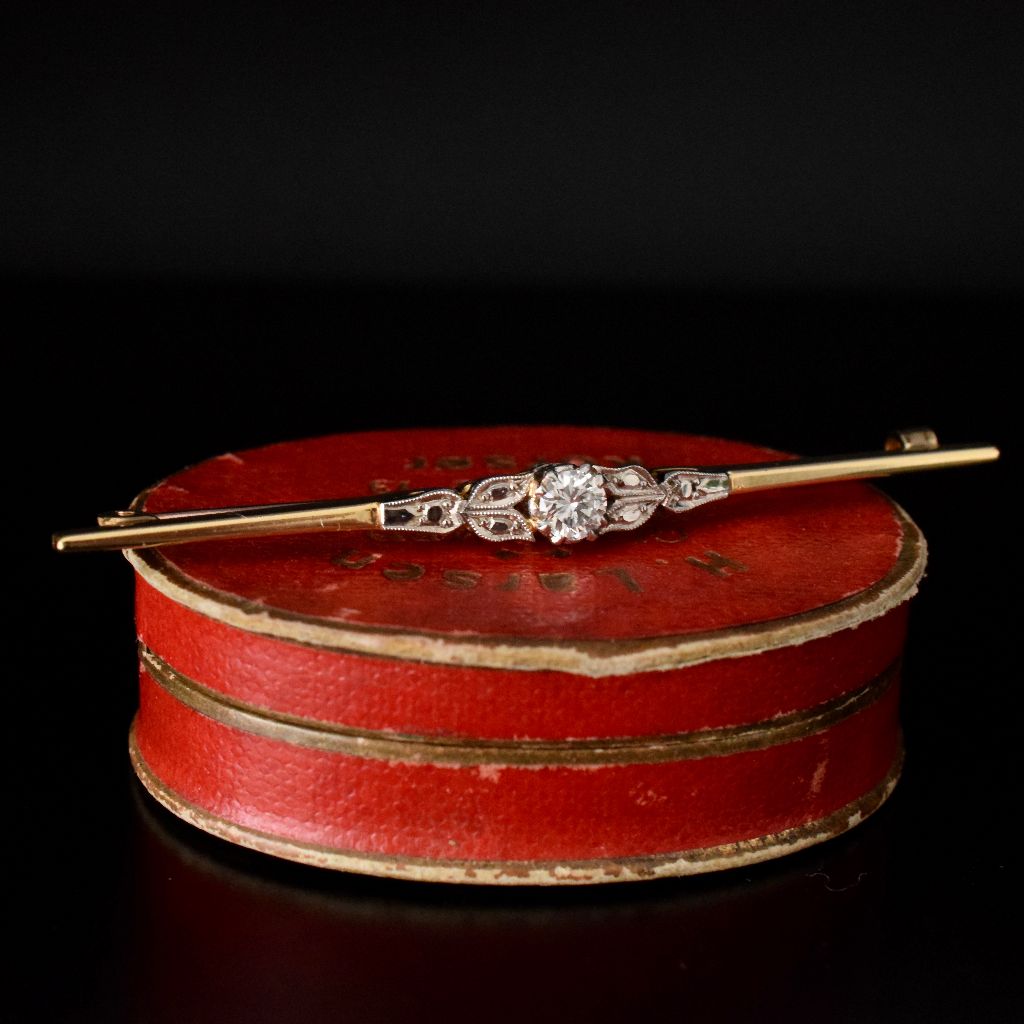 Antique Art Deco 18ct Yellow Gold 0.25ct Diamond Bar Brooch