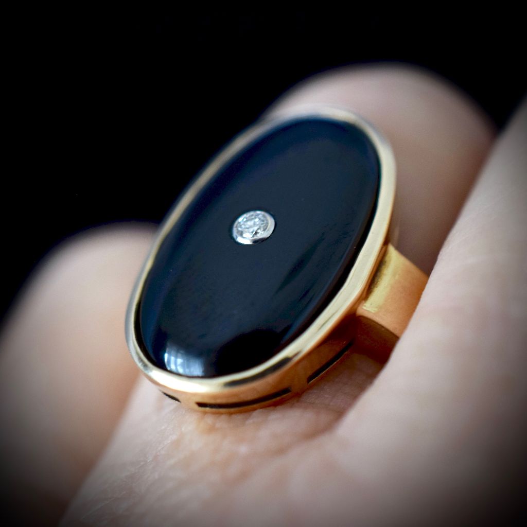 Large Onyx Diamond Art Deco ‘Style’ 9ct Yellow Gold Ring