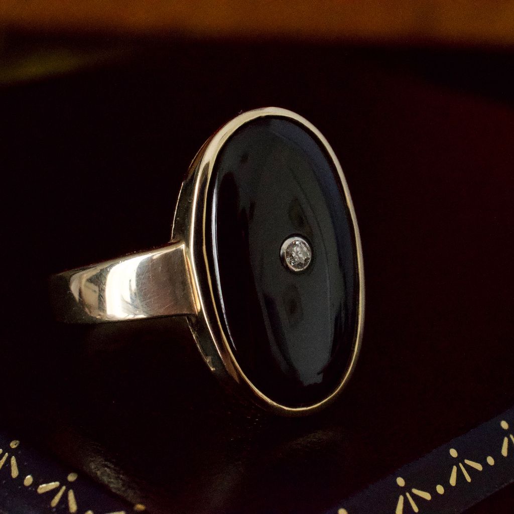 Large Onyx Diamond Art Deco ‘Style’ 9ct Yellow Gold Ring