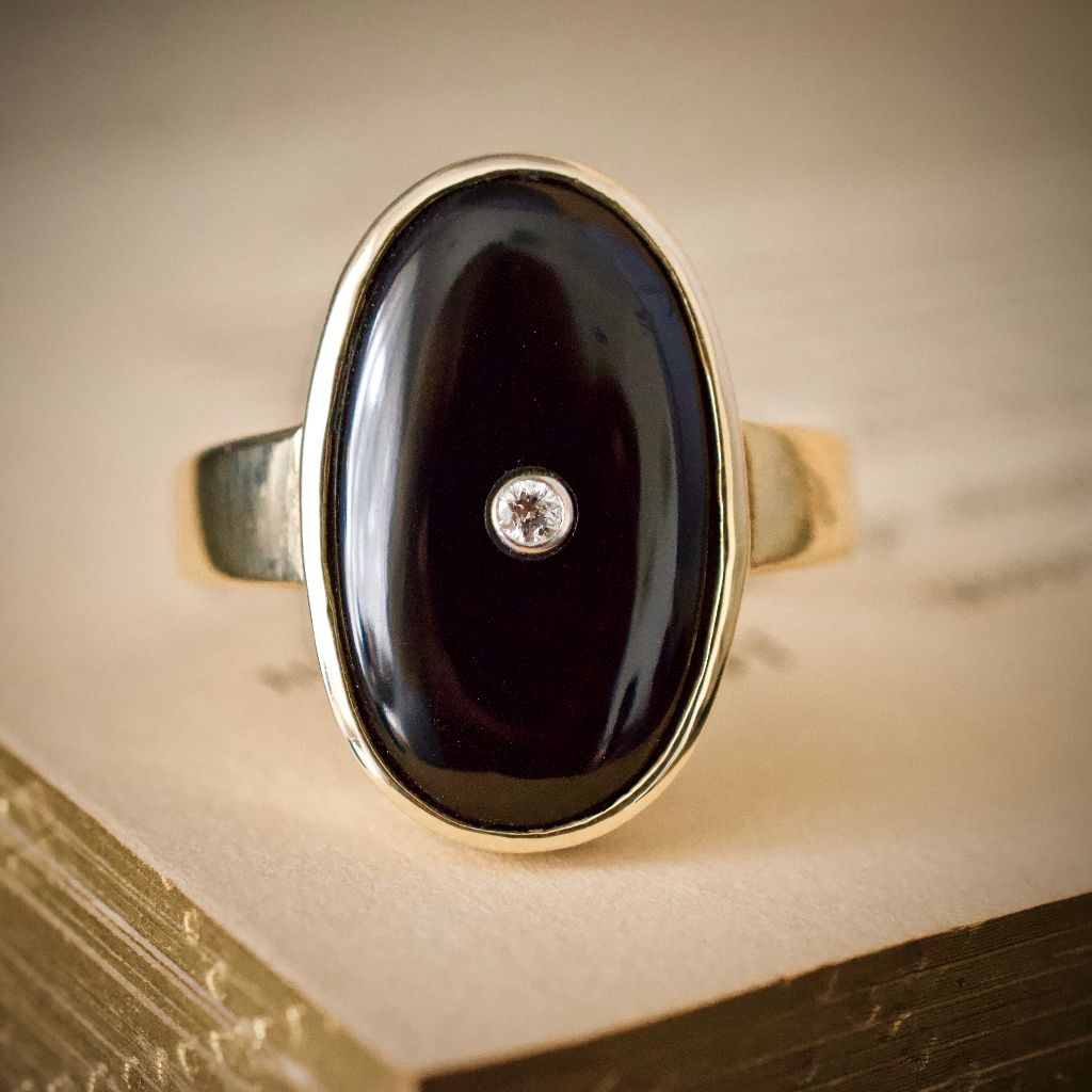 Large Onyx Diamond Art Deco ‘Style’ 9ct Yellow Gold Ring