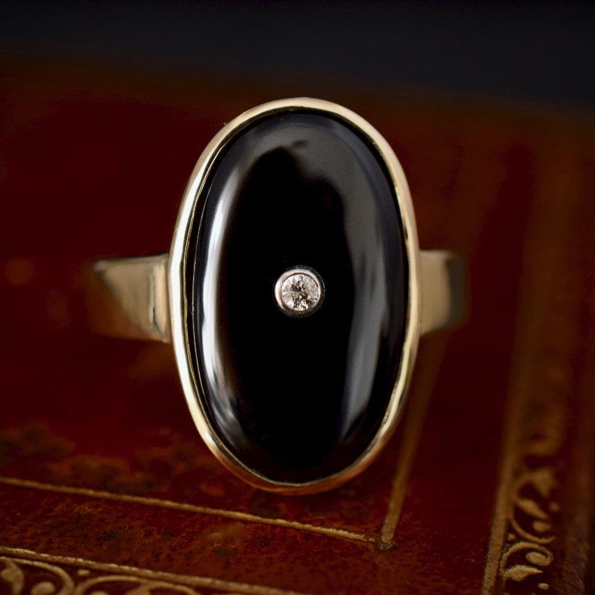 Large Onyx Diamond Art Deco ‘Style’ 9ct Yellow Gold Ring
