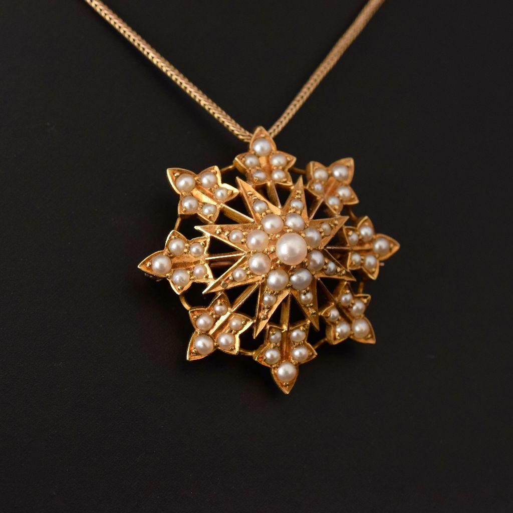 Antique Victorian 15ct Yellow Gold Half Pearl ‘Starburst’ Pendant/Brooch Circa 1900