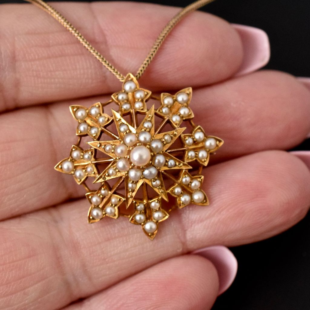 Antique Victorian 15ct Yellow Gold Half Pearl ‘Starburst’ Pendant/Brooch Circa 1900