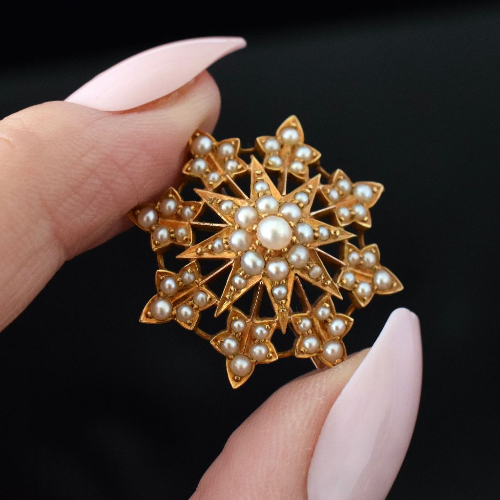 Antique Victorian 15ct Yellow Gold Half Pearl ‘Starburst’ Pendant/Brooch Circa 1900