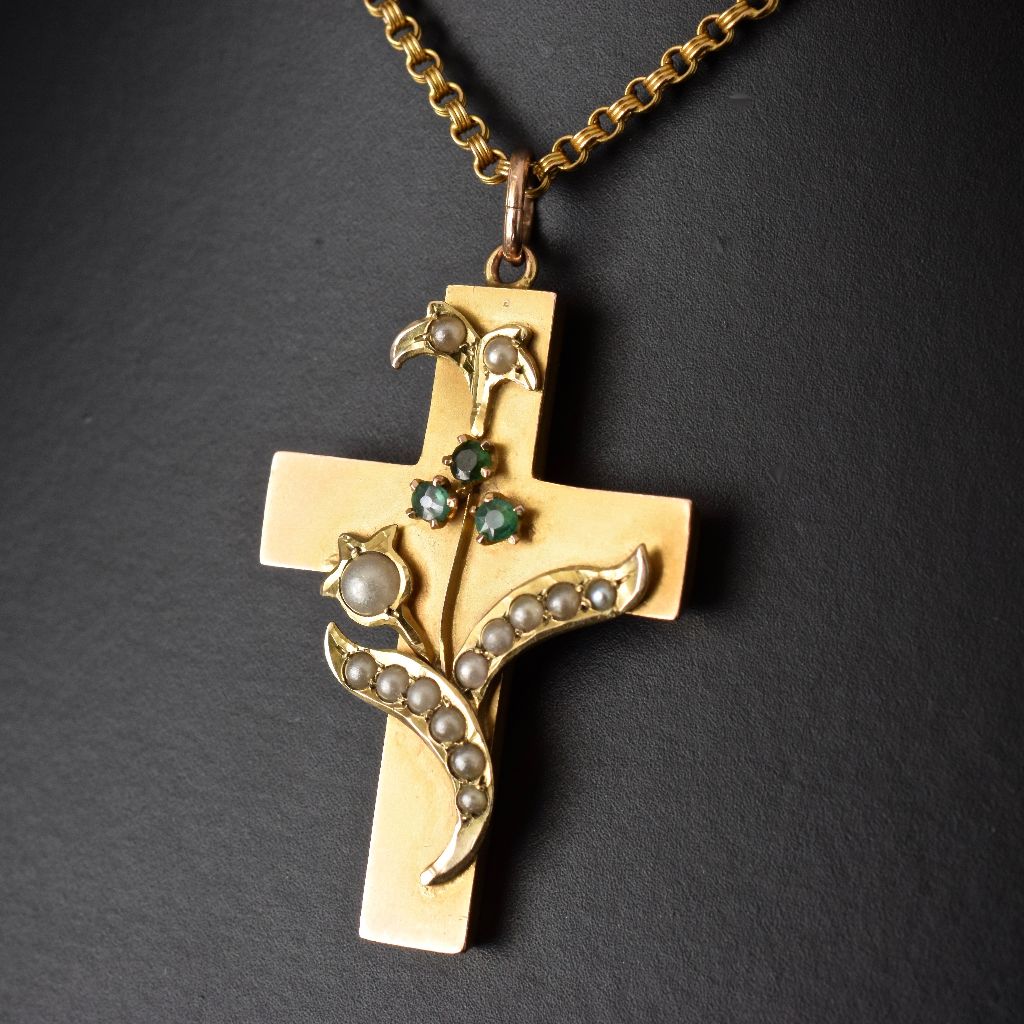Antique 9ct Gold Seed Pearl Crucifix By Robert Rollason Circa 1900