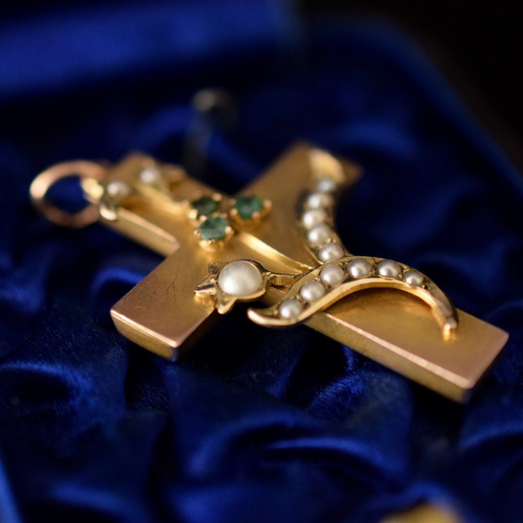 Antique 9ct Gold Seed Pearl Crucifix By Robert Rollason Circa 1900