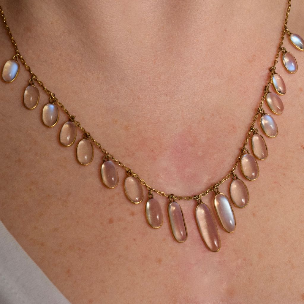 Edwardian 15ct Yellow Gold Ceylon Moonstone Fringe Necklace Circa 1910