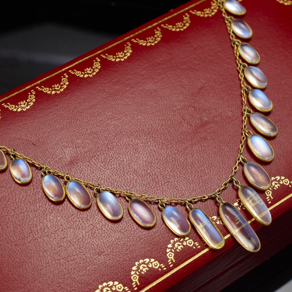 Edwardian 15ct Yellow Gold Ceylon Moonstone Fringe Necklace Circa 1910