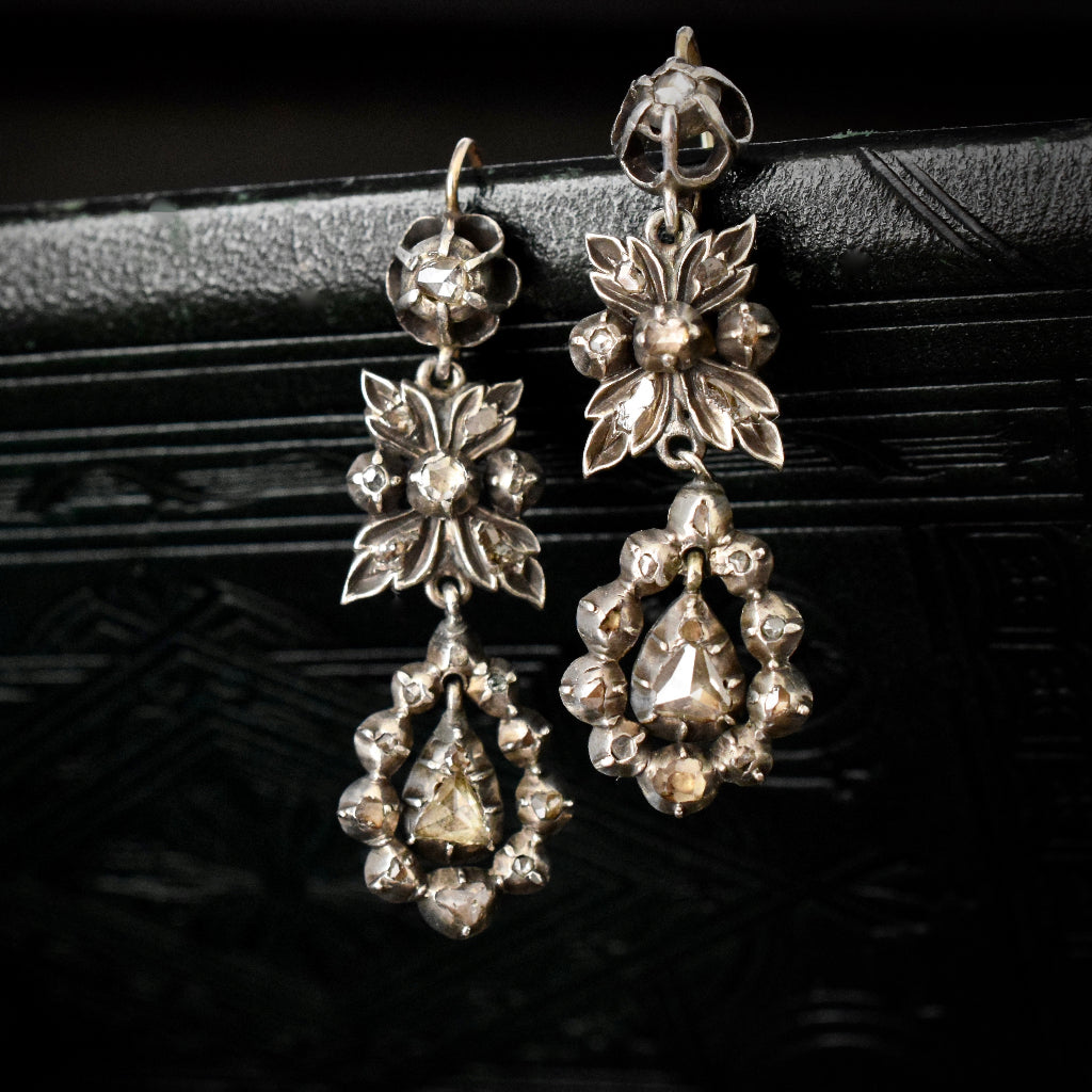 Antique Georgian Rose and Senaille Cut Diamond Drop Earrings Circa 1780