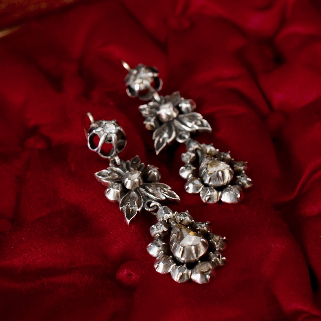 Antique Georgian Rose and Senaille Cut Diamond Drop Earrings Circa 1780
