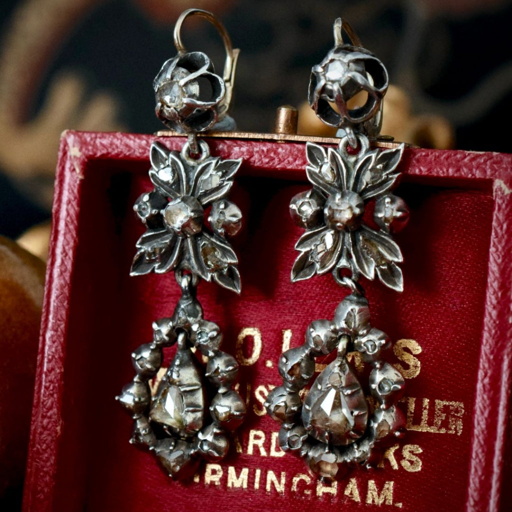 Antique Georgian Rose and Senaille Cut Diamond Drop Earrings Circa 1780