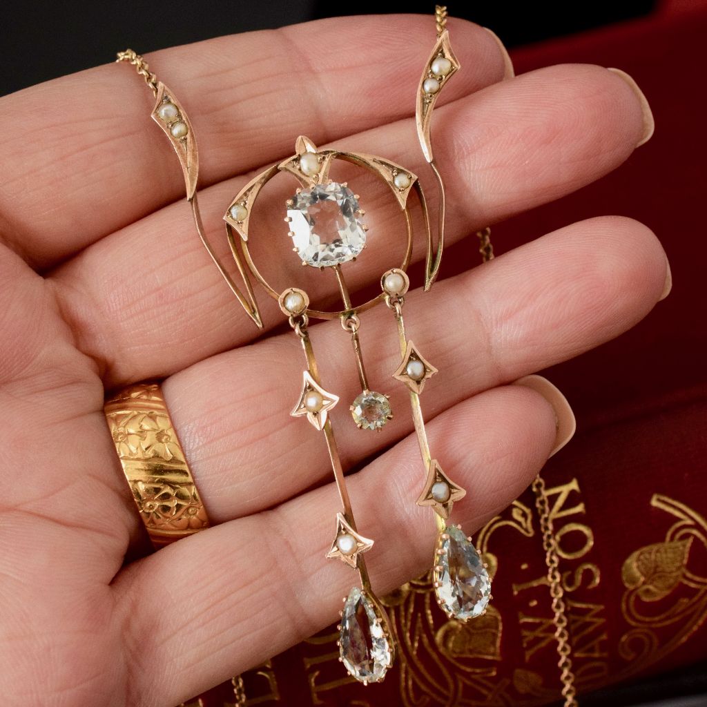 Superb Antique Edwardian 9ct Aquamarine Seed Pearl Lavaliere