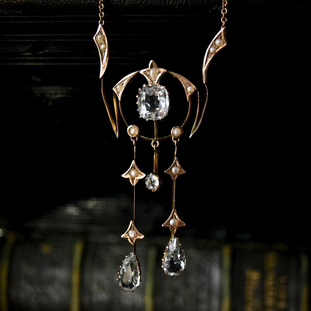 Superb Antique Edwardian 9ct Aquamarine Seed Pearl Lavaliere