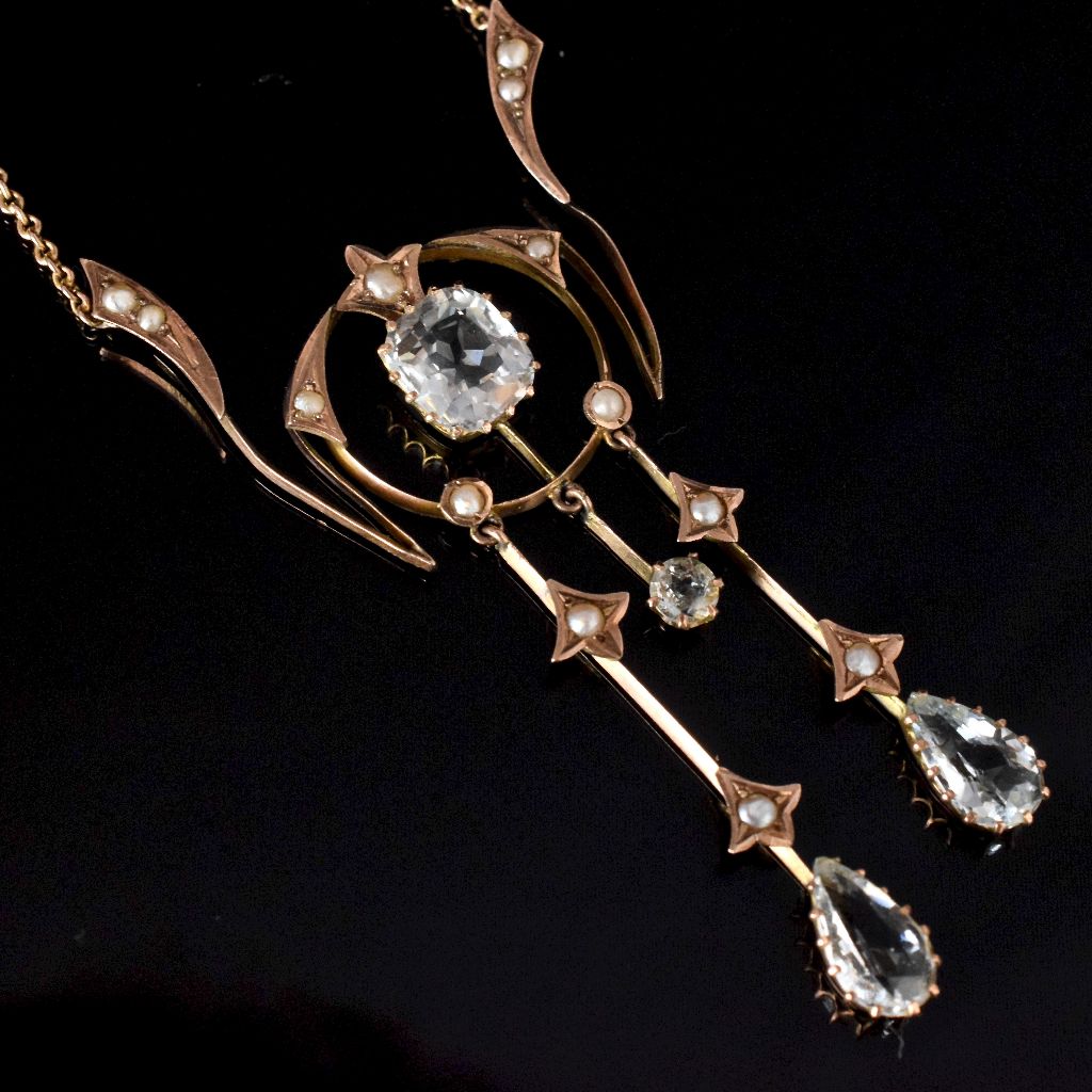 Superb Antique Edwardian 9ct Aquamarine Seed Pearl Lavaliere