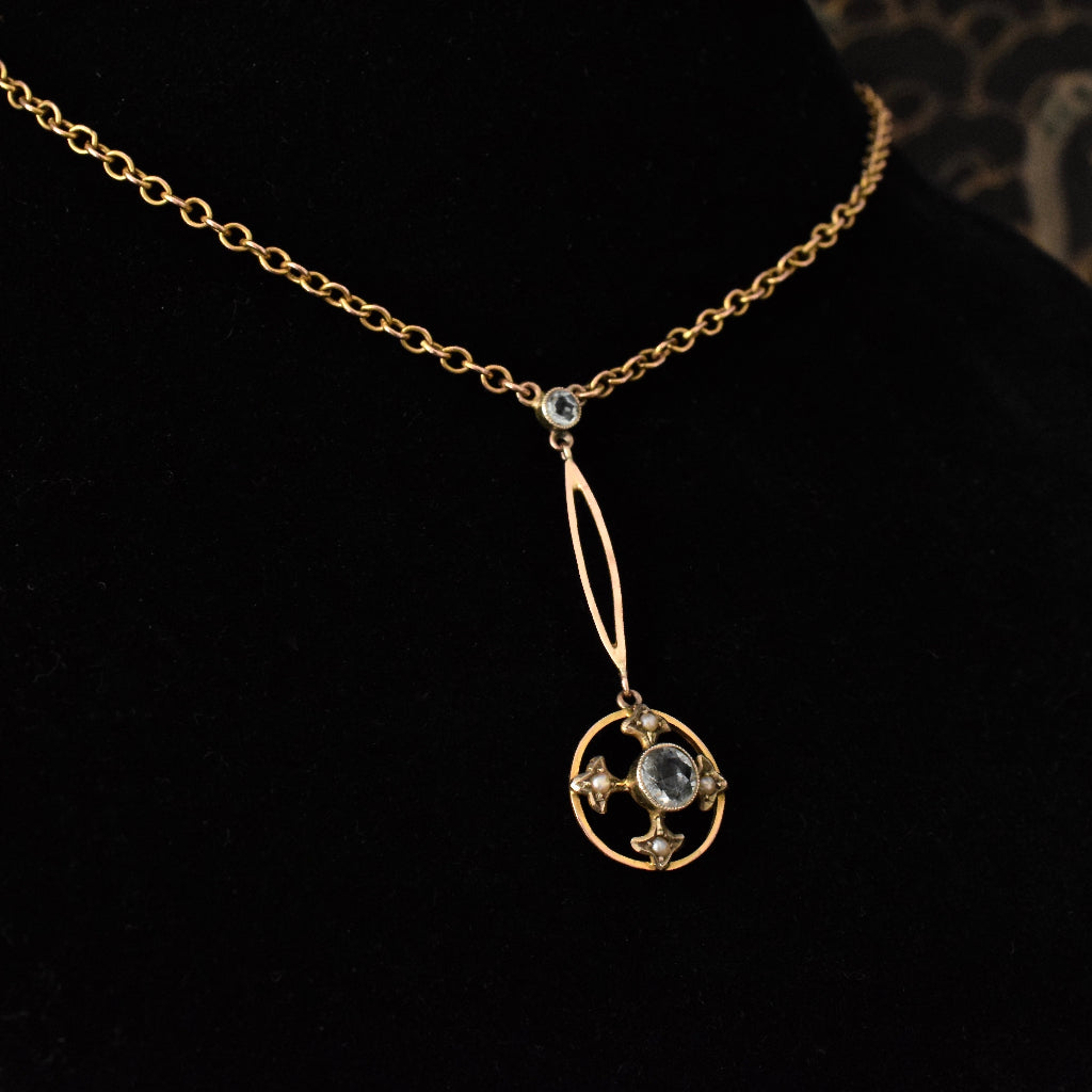 Antique Edwardian Aquamarine 9ct Yellow Gold Lavaliere / Pendant Circa 1910