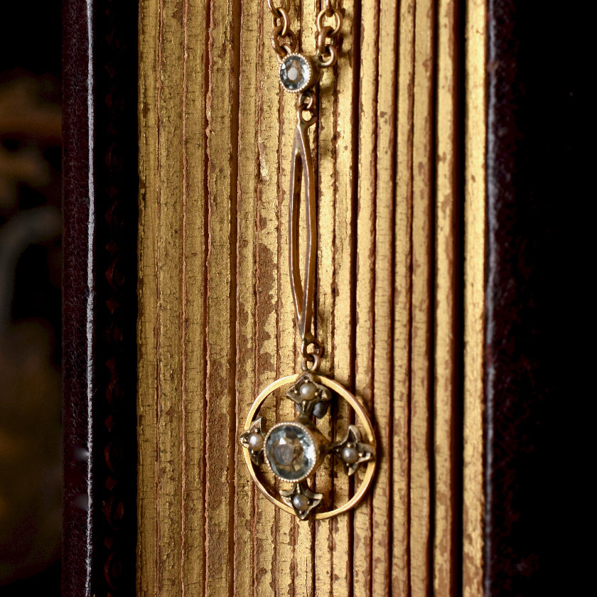 Antique Edwardian Aquamarine 9ct Yellow Gold Lavaliere / Pendant Circa 1910