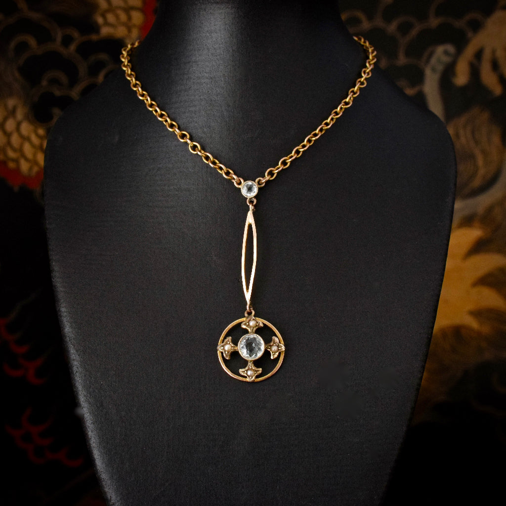 Antique Edwardian Aquamarine 9ct Yellow Gold Lavaliere / Pendant Circa 1910