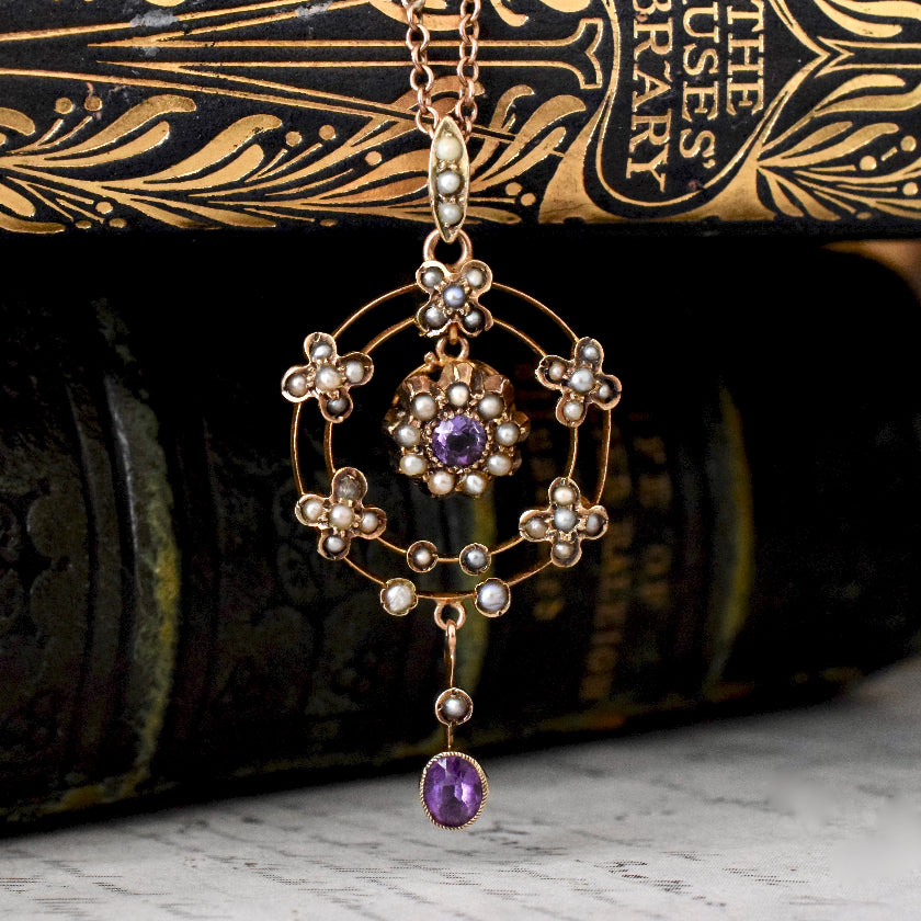 Antique Late Victorian / Early Edwardian Amethyst Seed Pearl 9ct Pendant