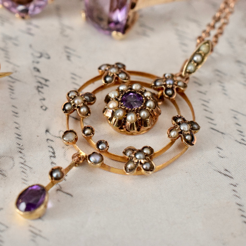 Antique Late Victorian / Early Edwardian Amethyst Seed Pearl 9ct Pendant