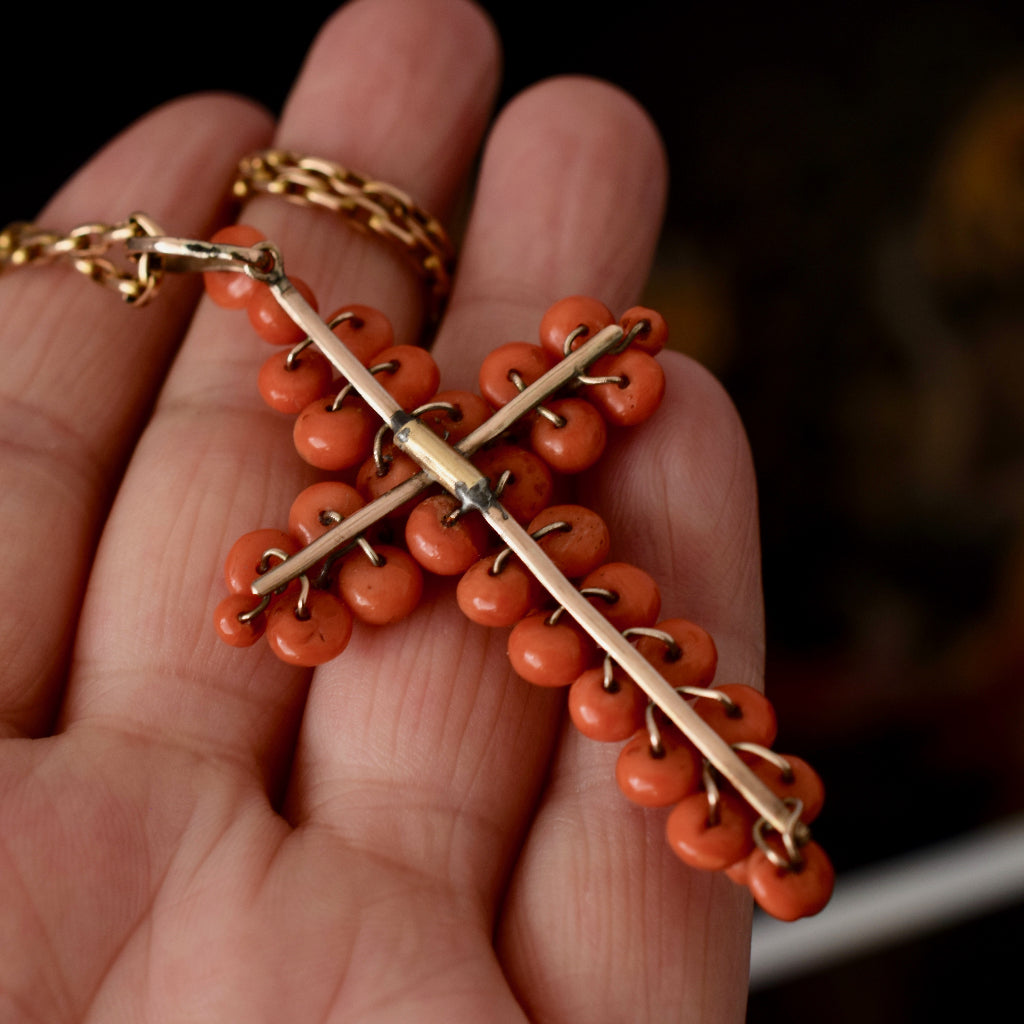 Antique Victorian Salmon Coral And Pinchbeck Cross Circa 1870