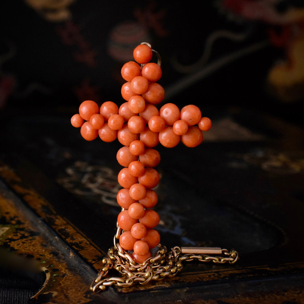 Antique Victorian Salmon Coral And Pinchbeck Cross Circa 1870