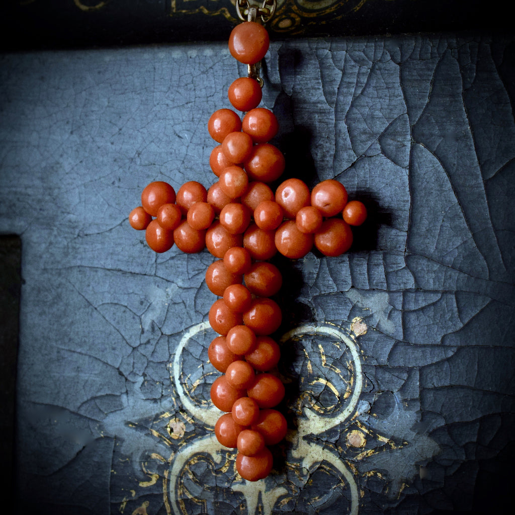 Antique Victorian Salmon Coral And Pinchbeck Cross Circa 1870