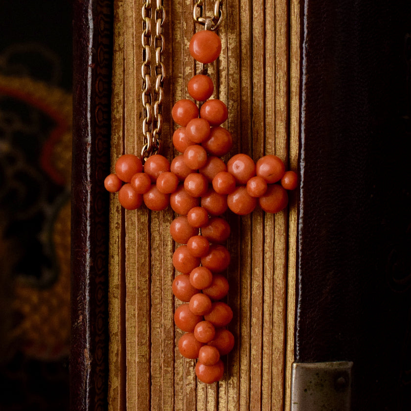 Antique Victorian Salmon Coral And Pinchbeck Cross Circa 1870