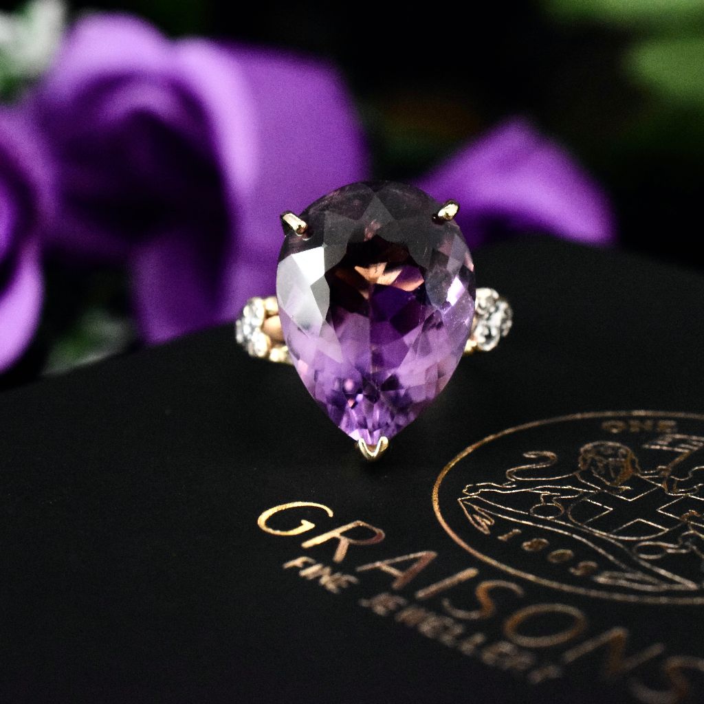 Vintage 9ct Yellow Gold Natural Amethyst Pear-Cut Diamond Ring