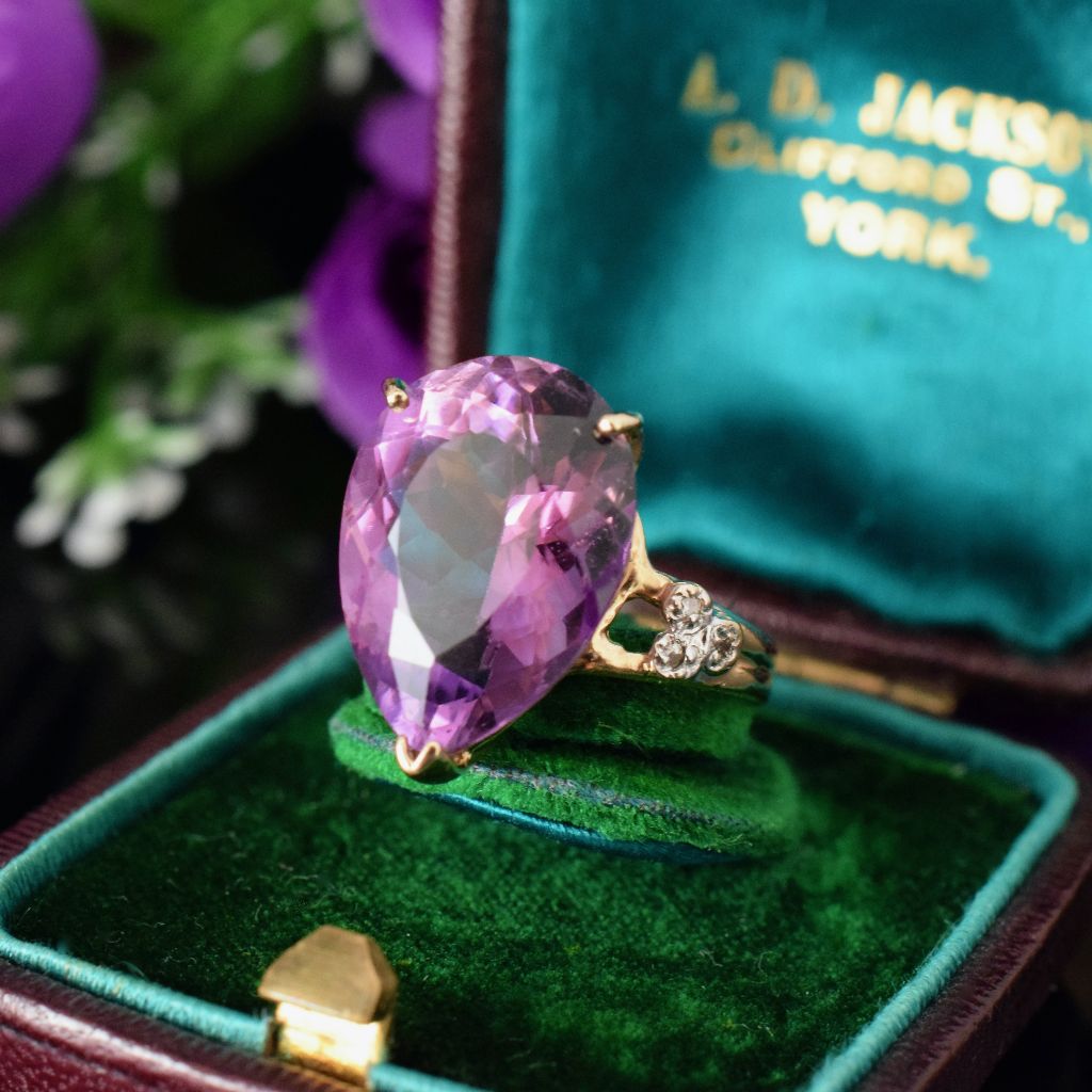 Vintage 9ct Yellow Gold Natural Amethyst Pear-Cut Diamond Ring