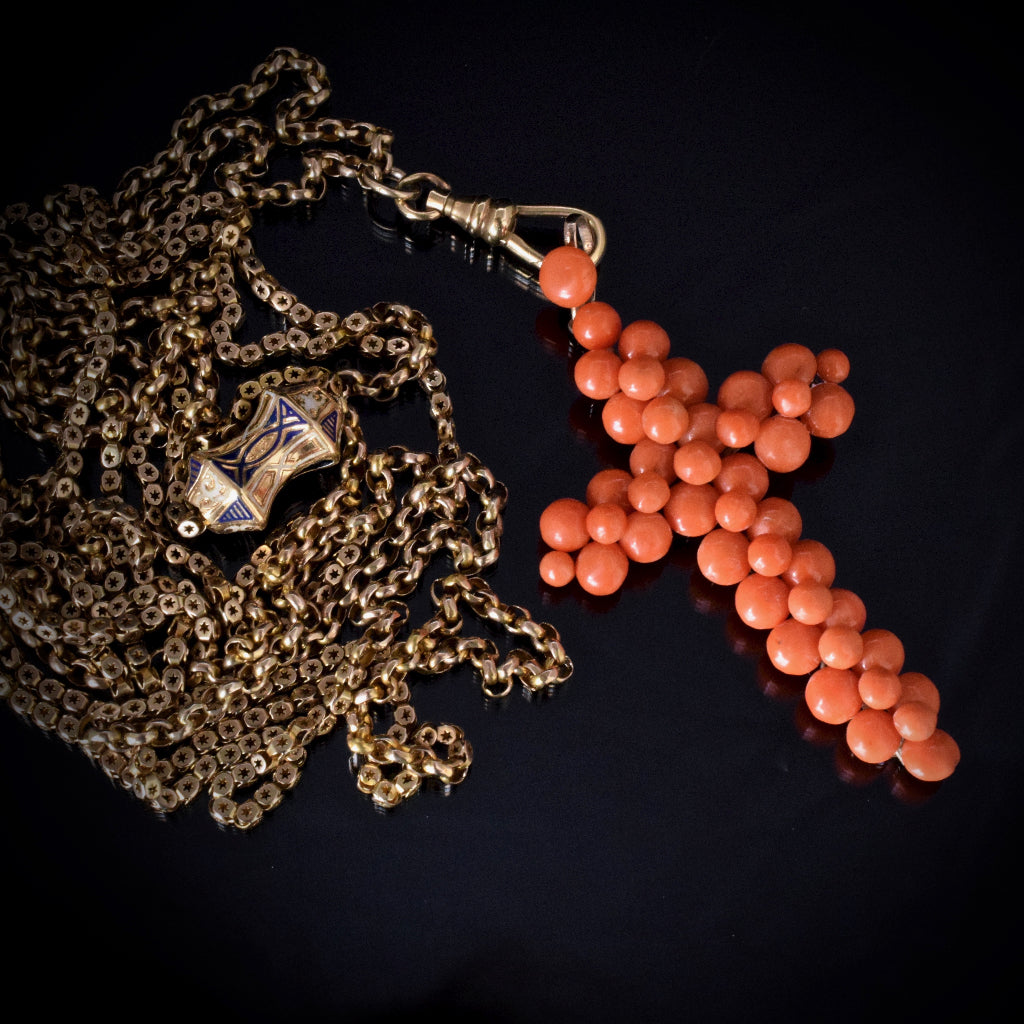 Antique Victorian Salmon Coral And Pinchbeck Cross Circa 1870