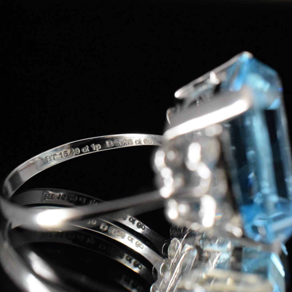 Modern 9ct White Gold 15.49ct Swiss Blue Topaz Diamond Ring Valuation $3155.00