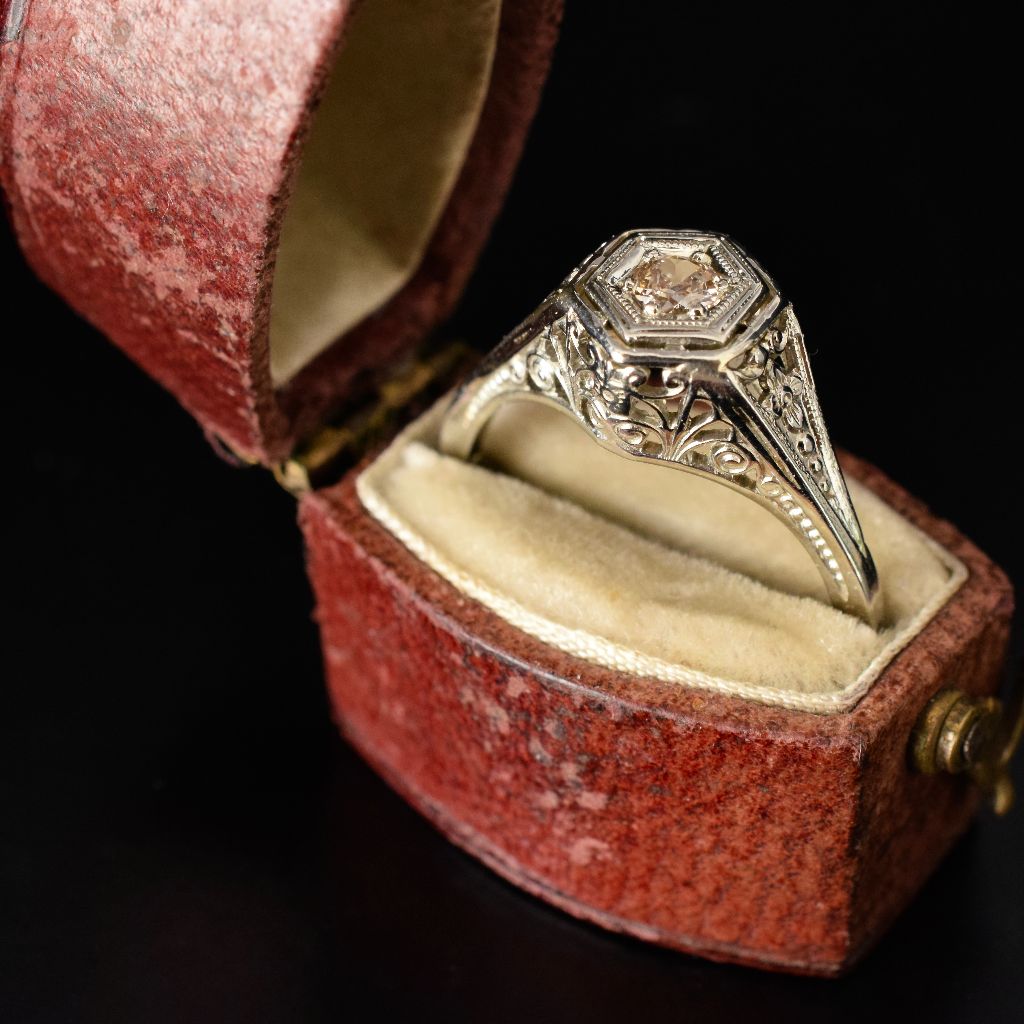 Antique 18ct White Gold Art Deco Filigree Diamond Ring