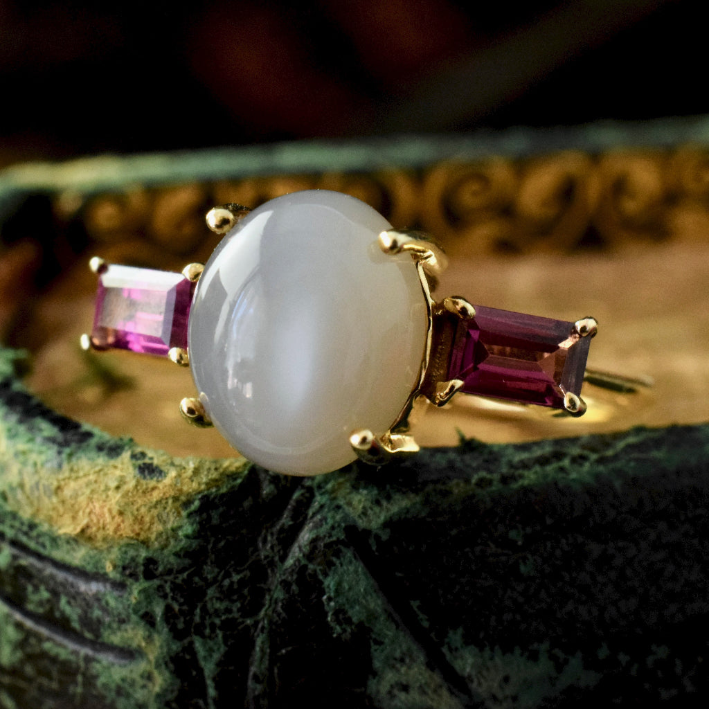 Modern Moonstone And Tourmaline 9ct Yellow Gold Ring Full British Hallmarks