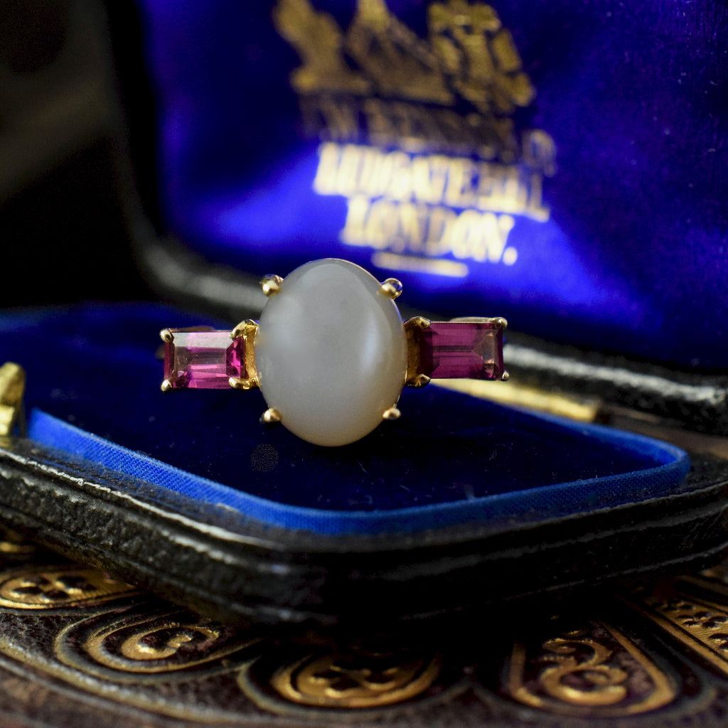 Modern Moonstone And Tourmaline 9ct Yellow Gold Ring Full British Hallmarks